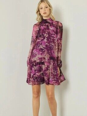Entro Nwot Purple Abstract Floral Chiffon Mock Neck Tiered Mini Dress S Boutique
